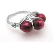 Cabernet Berry Pearl Trio Ring Wire Wrapped Freshwater