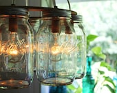 Mason Jar Chandelier - Mason Jar Light - WAGON WHEEL - Industrial Swag - Handcrafted Upcycled BootsNGus Hanging Pendant Lighting Fixture
