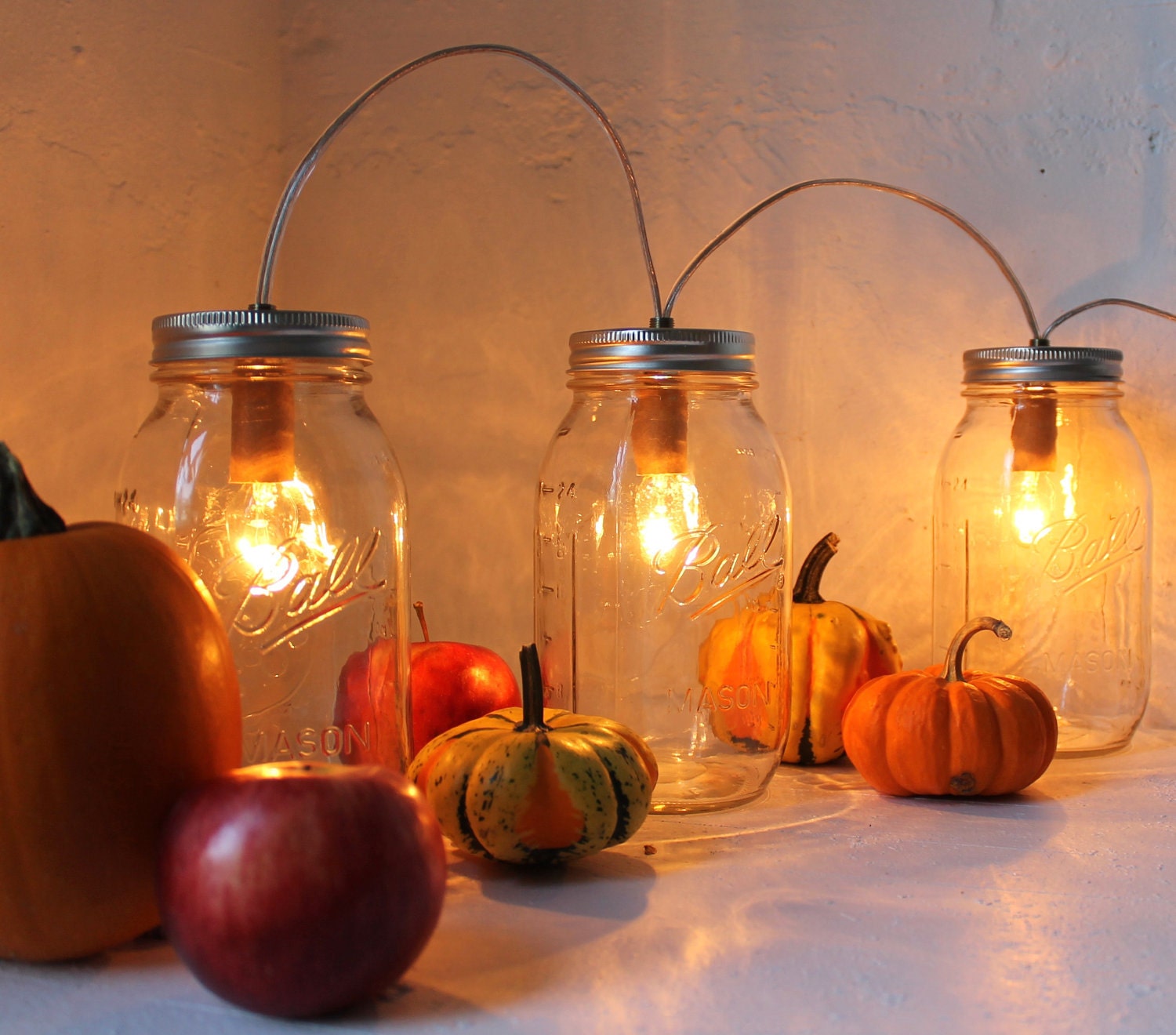 Terrific Trio - Mason Jar Banner Lights - Industrial Upcycled Wedding Home Decor Accent Lighting Fixture - 3 Quart Mason Jar string lights