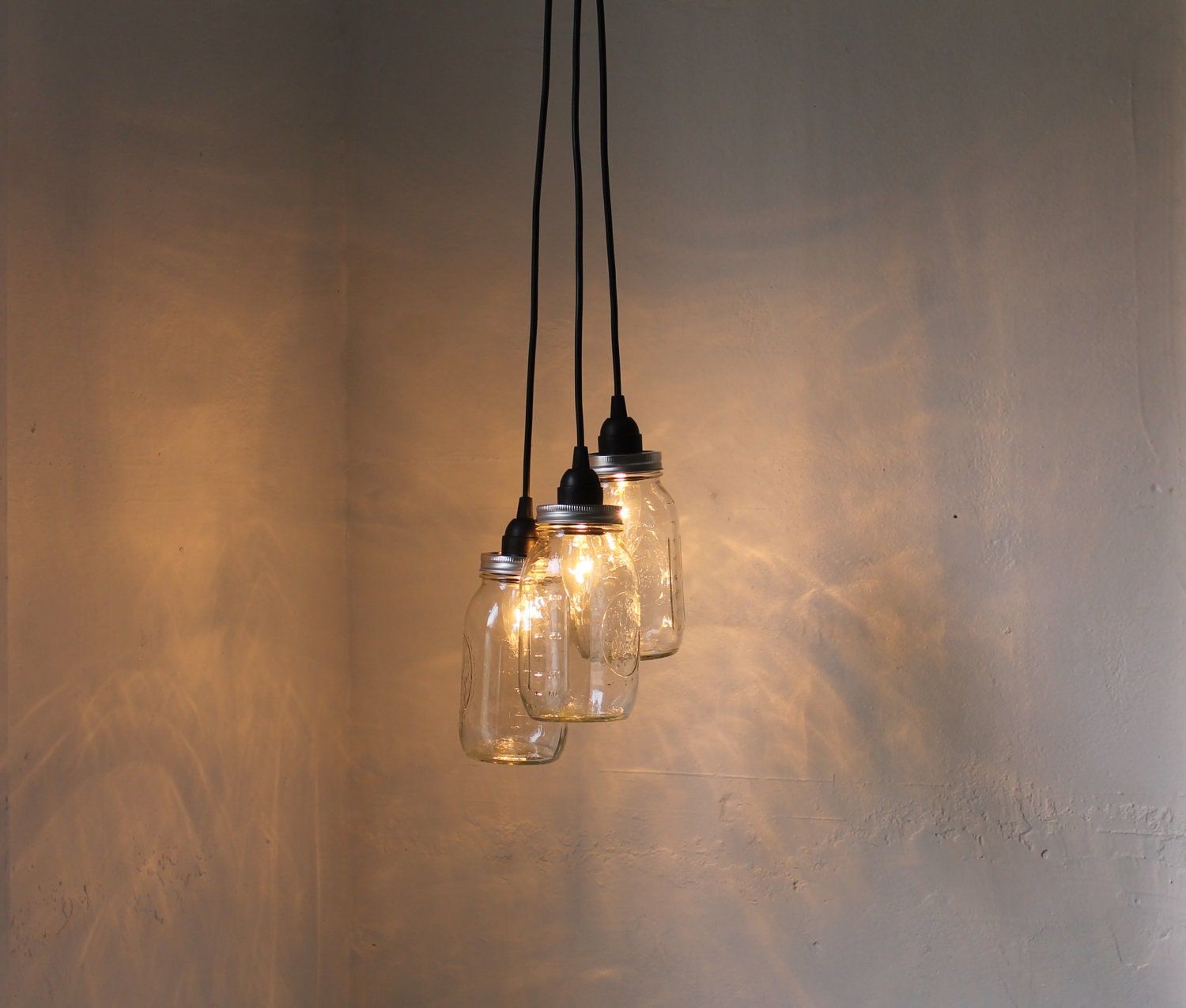 Basic Black Mason Jar Chandelier Three Ball Mason Jar Hanging Pendant Chandelier Cluster Light - UpCycled BootsNGus Lighting Fixture