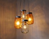 Tangerine Dream - Mason Jar Chandelier - 4 pint jars - Handcrafted Mason Jar Lighting Fixture - Upcycled BootsNGus Lamp - Direct Hardwire