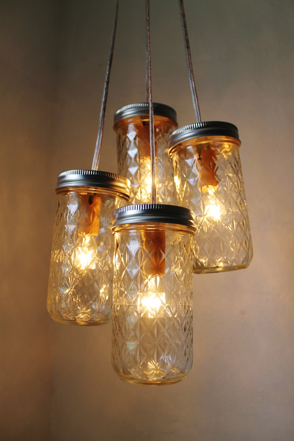 Firefly Dance Mason Jar Chandelier - 4 Quilted Pint Jars - Handcrafted Mason Jar Lighting Fixture - Upcycled BootsNGus Lamp Direct Hardwire
