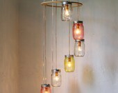 Pink Lemonade - Mason Jar Chandelier Hanging Light Fixture - Spiral Waterfall Rustic Mason Jar Wedding Lighting - BootsNGus Lamp Design
