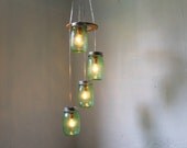 Green Day - Mason Jar Chandelier - Spiral Cascading Waterfall Hanging Mason Jar Lighting Fixture - Upcycled BootsNGus Lamp Design