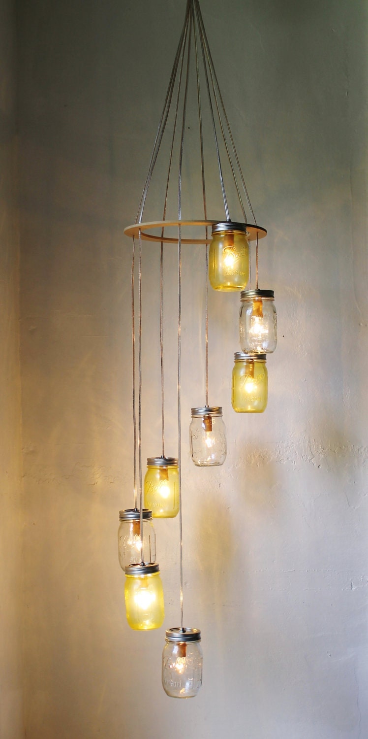 Mellow Yellow - Mason Jar Chandelier Hanging Light Fixture - Spiral Waterfall Rustic Mason Jar Wedding Lighting - BootsNGus Lamp Design