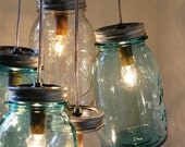 Lake House Mason Jar Chandelier - 5 antique blue and clear quarts - Brushed Nickel Ceiling Plate & Hardware for Direct Installation