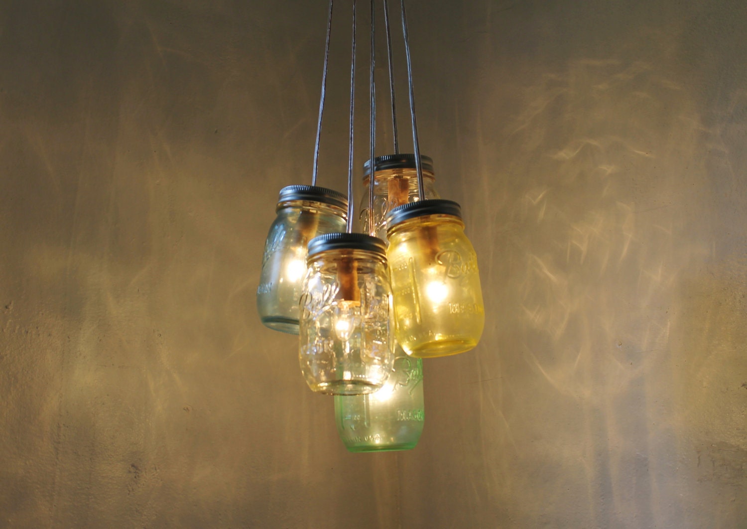 Breezes Mason Jar Chandelier - 5 Pint Ball Jars - Brushed Nickel Ceiling Plate & Hardware for Direct Installation - BootsNGus Lamp Design