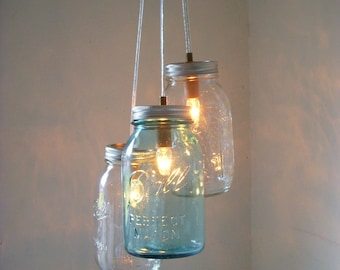 Ocean Spray Mason Jar Chandelier - Blue and Clear Hanging Pendant Lighting Fixture - Rustic Industrial UpCycled BootsNGus Lamp Design