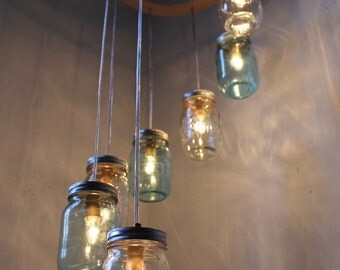 Waterfall Spiral Mason Jar Chandelier - Swag Lamp Handcrafted Upcycled Eco Friendly BootsNGus Hanging Pendant Fixture
