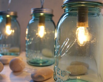 Sapphire Mason Jar Lights - Glass Banner Style - Modern Industrial Rustic Farmhouse - Handrcrafted Upcycled BootsNGus Lighting Fixture