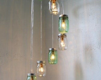 Go Green - Mason Jar Chandelier Hanging Light Fixture - Spiral Waterfall Rustic Mason Jar Wedding Lighting - BootsNGus Lamp Design
