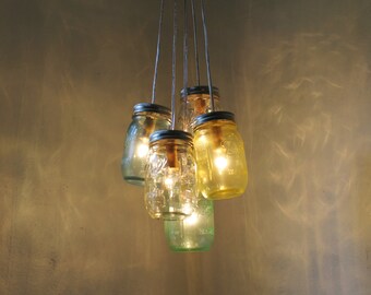 Breezes Mason Jar Chandelier - 5 Pint Ball Jars - Brushed Nickel Ceiling Plate & Hardware for Direct Installation - BootsNGus Lamp Design