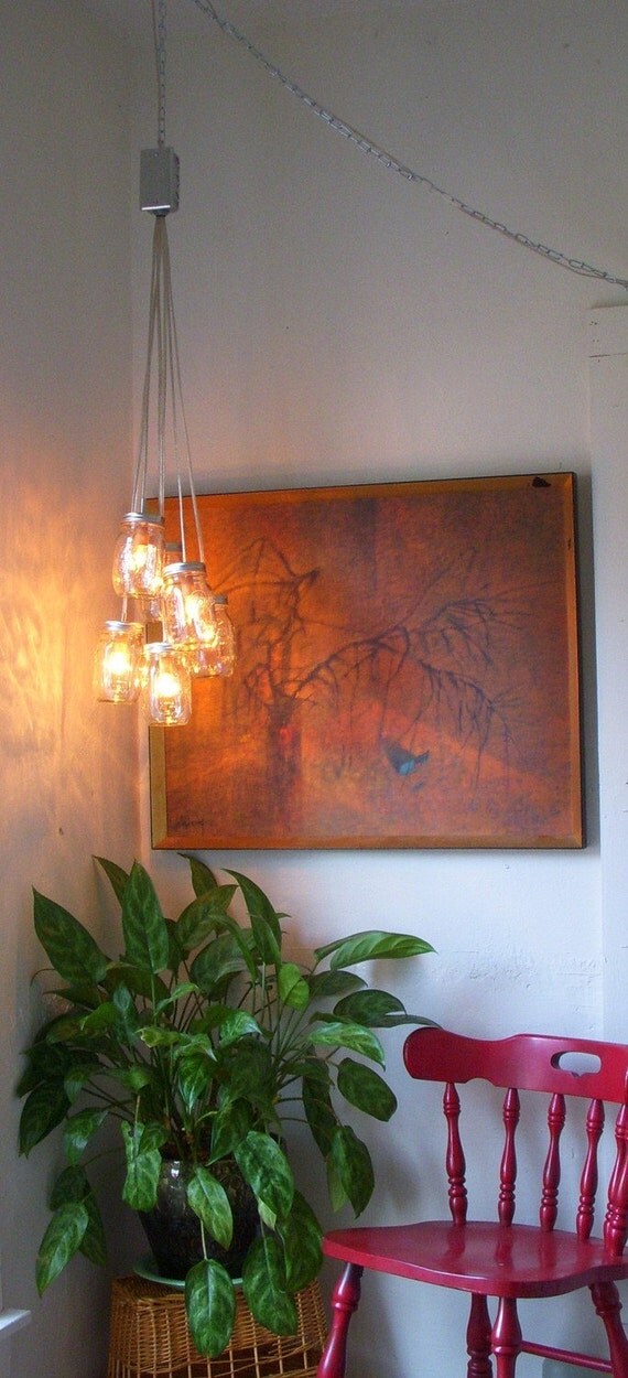 Pretty Pastels Mason Jar Chandelier - Mason Jar Light  - Handcrafted UpCycled BootsNGus Hanging Pendant Lighting Fixture