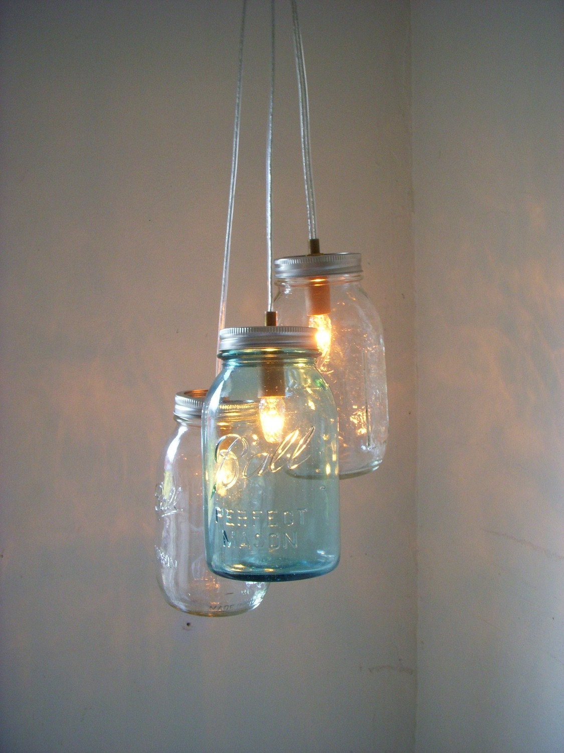 Ocean Spray Mason Jar Chandelier - Blue and Clear Hanging Pendant Lighting Fixture - Rustic Industrial UpCycled BootsNGus Lamp Design