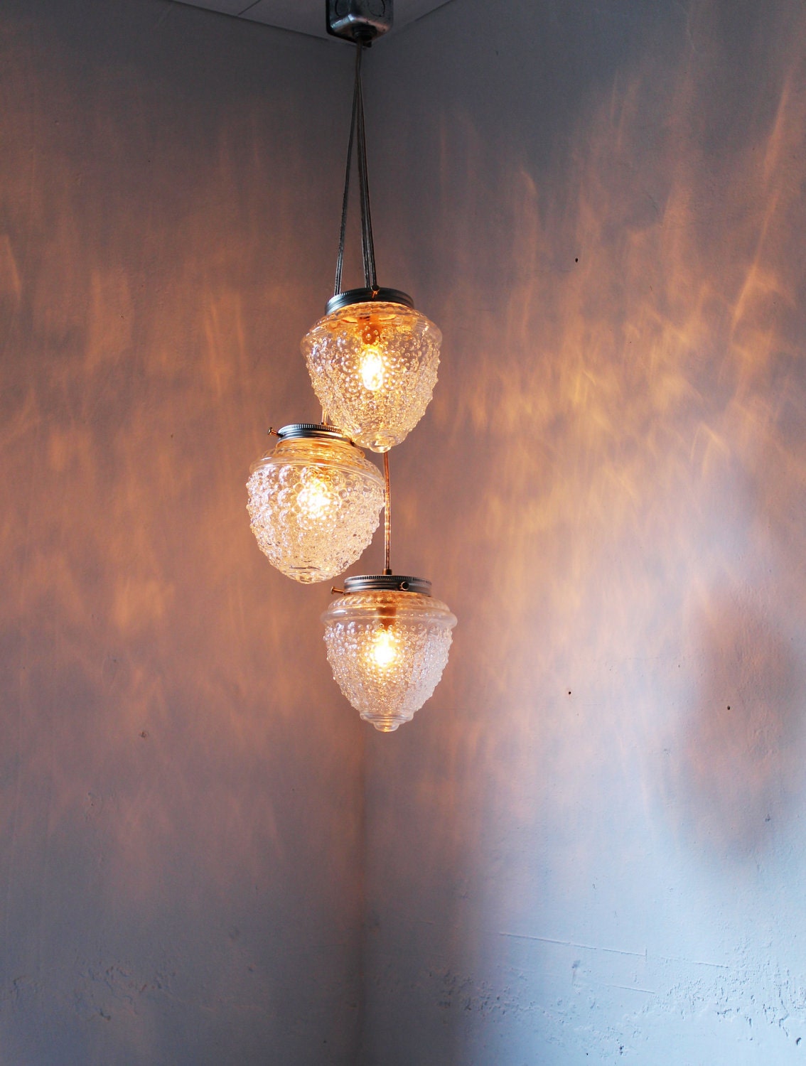 Cascading Autumns Acorns Crystal Clear Pressed Glass Chandelier - UpCycled Hanging Pendant Lighting Fixture - Rustic BootsNGus Lamp Design