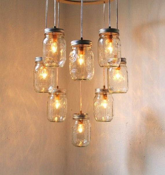 Valentines Day Heart Shaped Mason Jar Chandelier Light - Romantic Wedding Swag Lighting Fixture - Rustic Industrial BootsNGus Lamp Design
