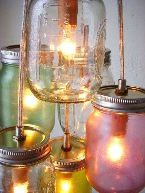 Pretty Pastels Mason Jar Chandelier - Mason Jar Light Swag Lamp - Handcrafted UpCycled BootsNGus Hanging Pendant Lighting Fixture