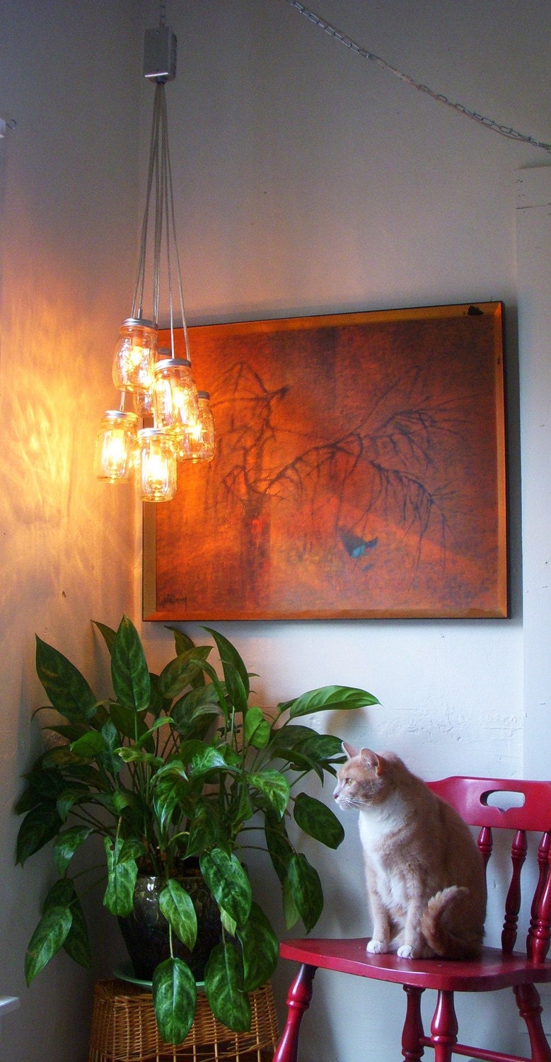 Day Glow - Mason Jar Chandelier Hanging Pendant Lighting Fixture - Rustic Industrial UpCycled Repurposed BootsNGus Lamp Design