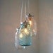 Ocean Spray Mason Jar Chandelier - Blue and Clear Hanging Pendant Lighting Fixture - Rustic Industrial UpCycled BootsNGus Lamp Design