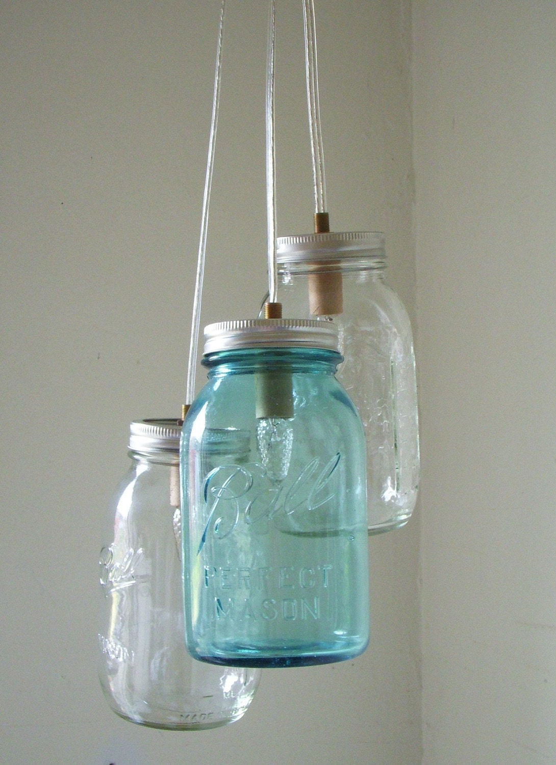 Ocean Spray Mason Jar Chandelier - Blue and Clear Hanging Pendant Lighting Fixture - Rustic Industrial UpCycled BootsNGus Lamp Design