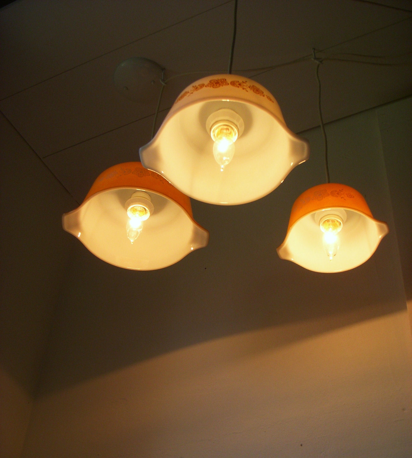 Summer Sunlight Butterfly Gold Pattern Pyrex Pendant Lights - UpCycled ReCycled Hanging Lighting Fixture - Set of 3 Reclaimed Mixing Bowl Light
