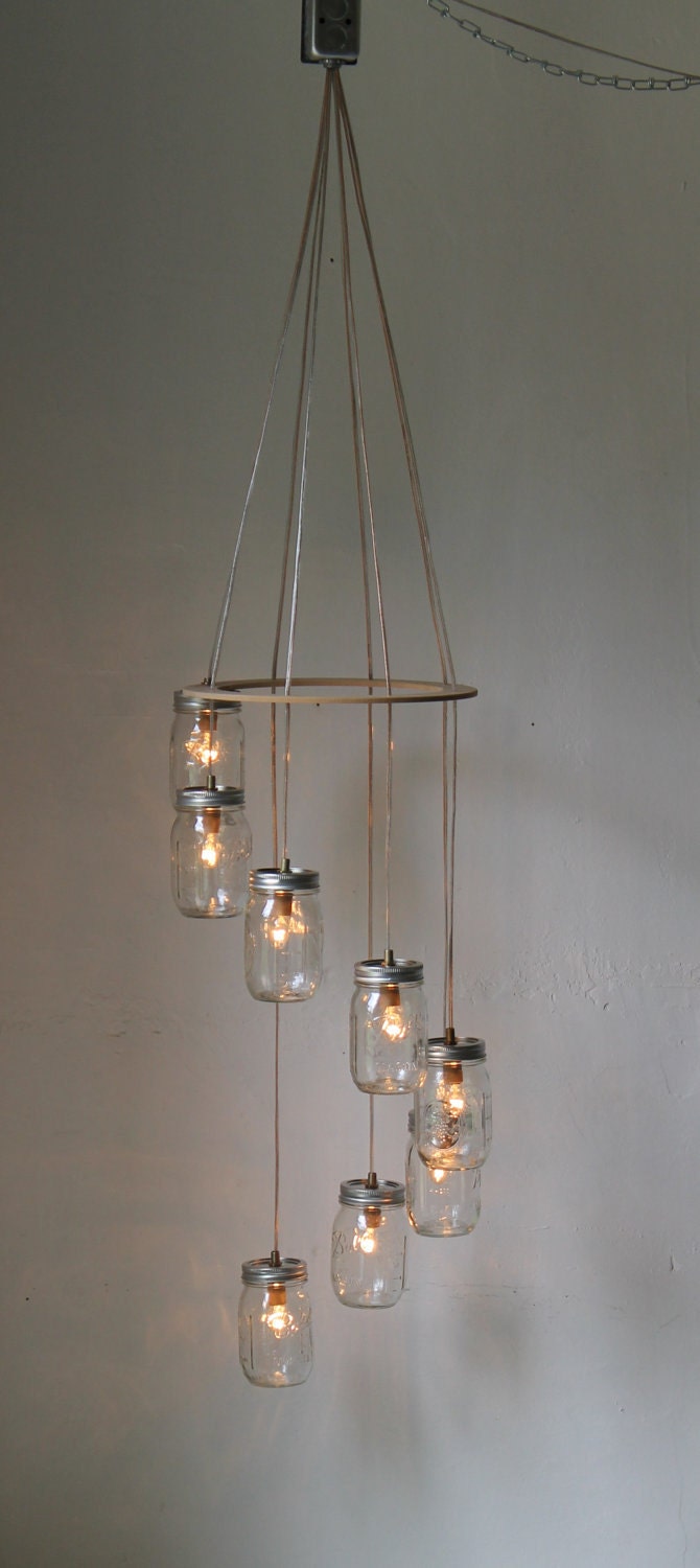 Spiral Carousel Mason Jar Chandelier Mason Jar Lighting Swag Lamp Handcrafted Upcycled BootsNGus Hanging Pendant Light Fixture