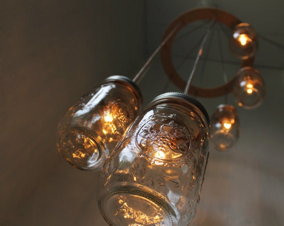 Spiral Carousel Mason Jar Chandelier - Mason Jar Lighting - Swag Lamp Handcrafted Upcycled BootsNGus Hanging Pendant Light Fixture