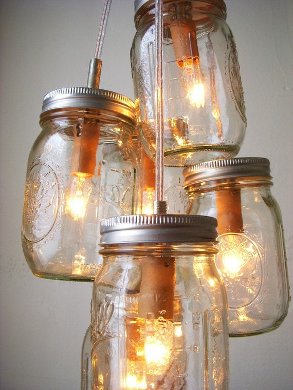 Chasing Fireflies Mason Jar Chandelier Lighting Fixture - Swag Lamp Handcrafted Upcycled BootsNGus Hanging Pendant Lamp Design