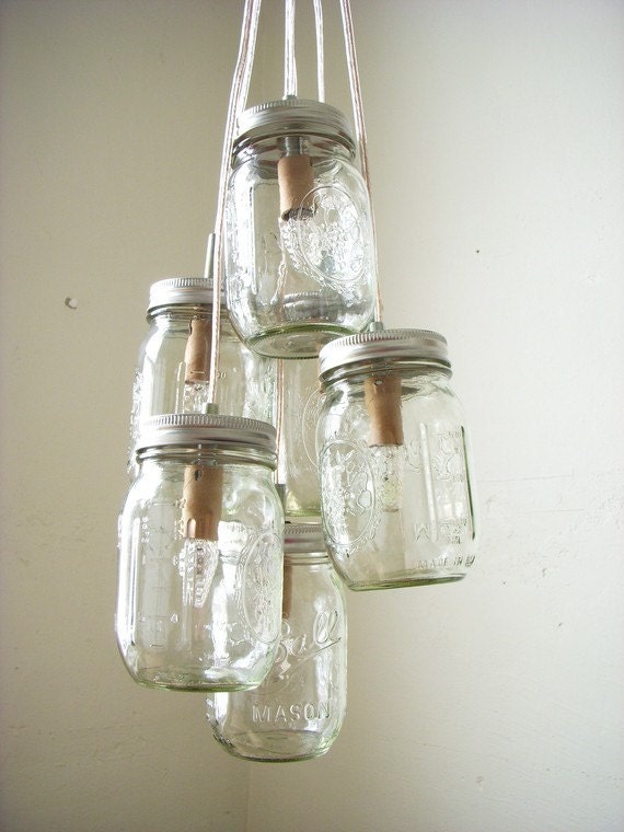 Chasing Fireflies Mason Jar Chandelier Lighting Fixture - Swag Lamp Handcrafted Upcycled BootsNGus Hanging Pendant Lamp Design
