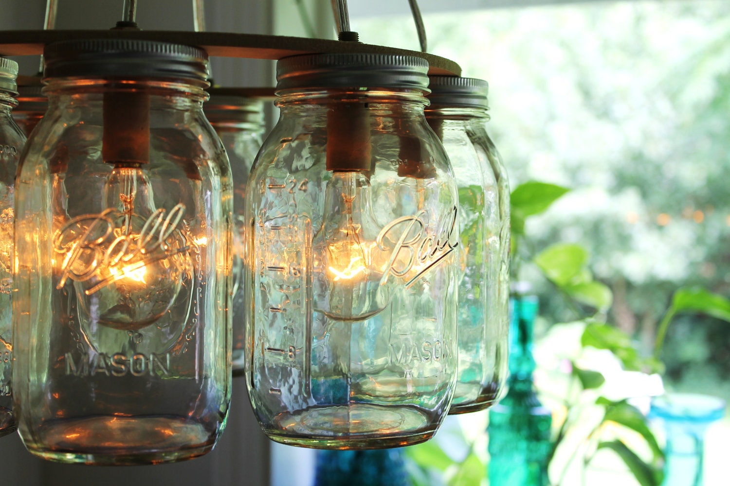 Mason Jar Chandelier - Mason Jar Light - WAGON WHEEL - Industrial Swag - Handcrafted Upcycled BootsNGus Hanging Pendant Lighting Fixture