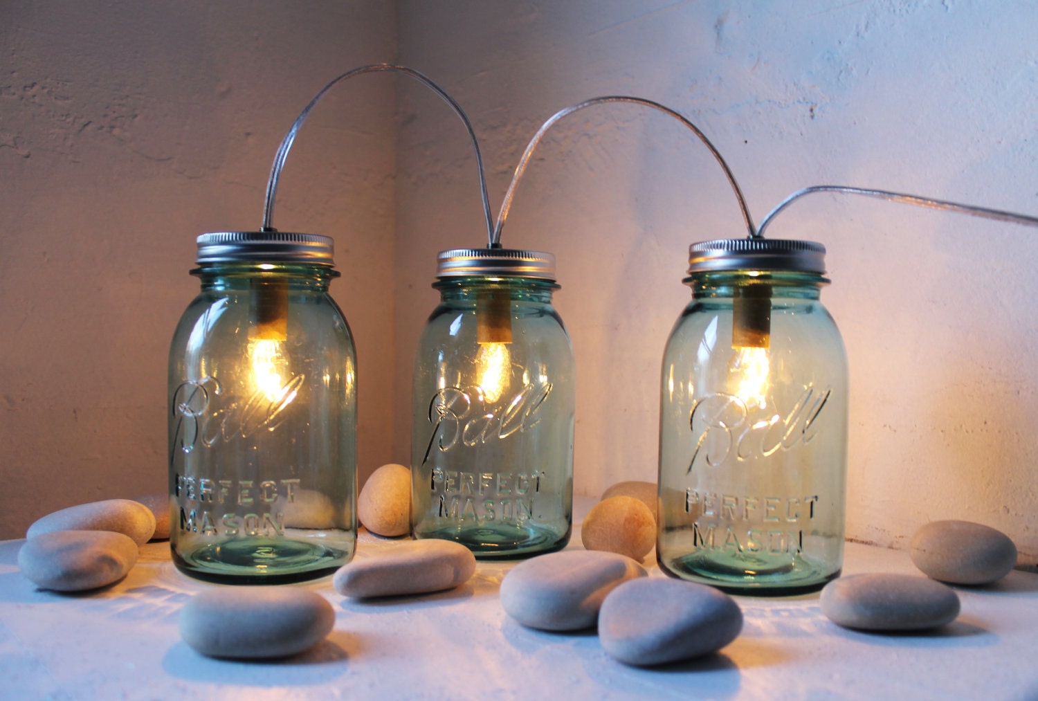 Sapphire Mason Jar Lights - Glass Banner Style - Modern Industrial Rustic Farmhouse - Handrcrafted Upcycled BootsNGus Lighting Fixture