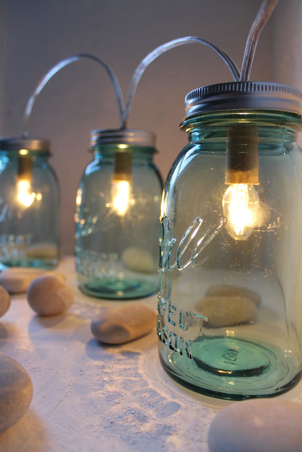 Sapphire Mason Jar Lights - Glass Banner Style - Modern Industrial Rustic Farmhouse - Handrcrafted Upcycled BootsNGus Lighting Fixture