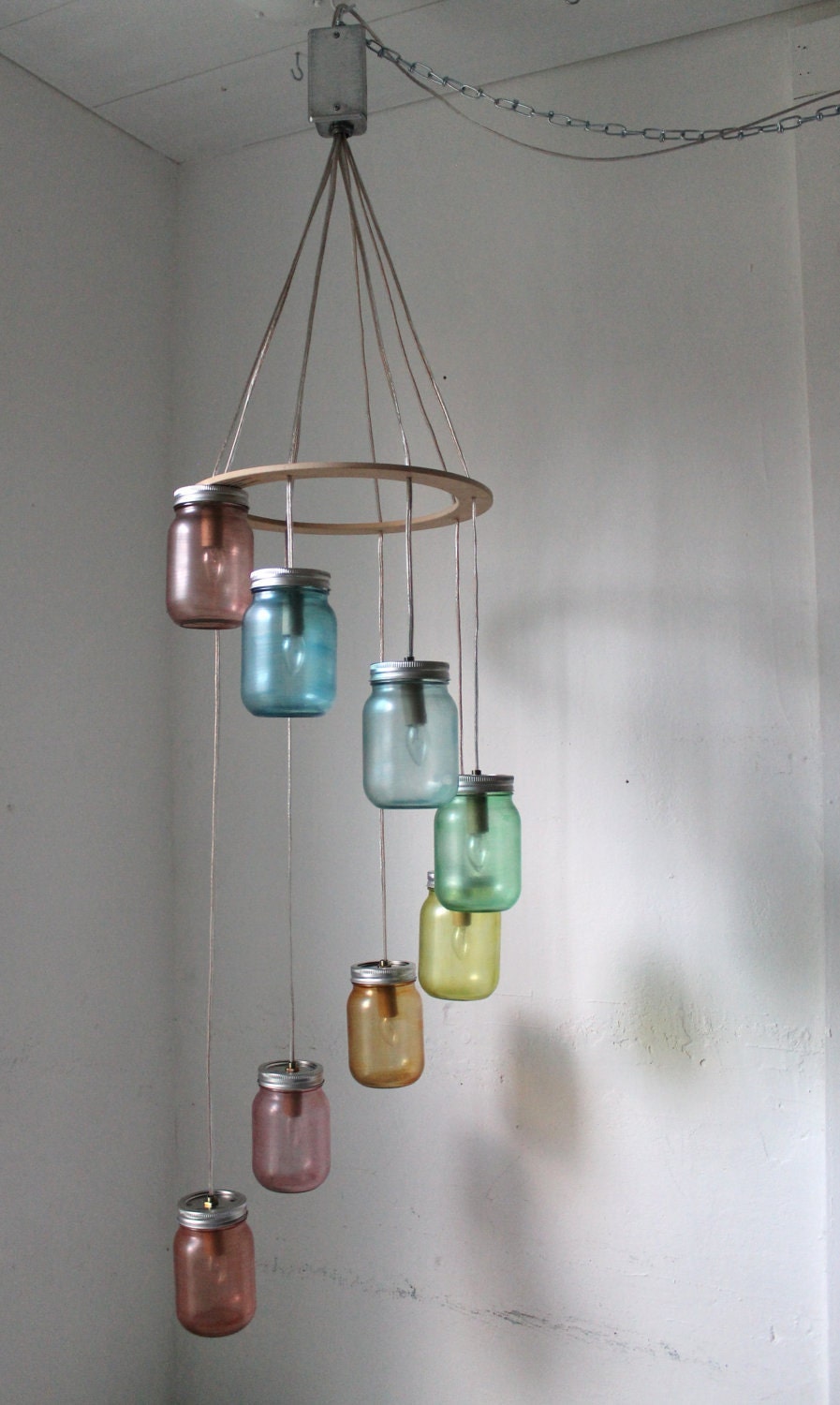 Rainbow Bright Mason Jar Chandelier - Mason Jar Lighting - Spiral Swag Lamp - Handcrafted Upcycled BootsNGus Hanging Pendant Light Fixture