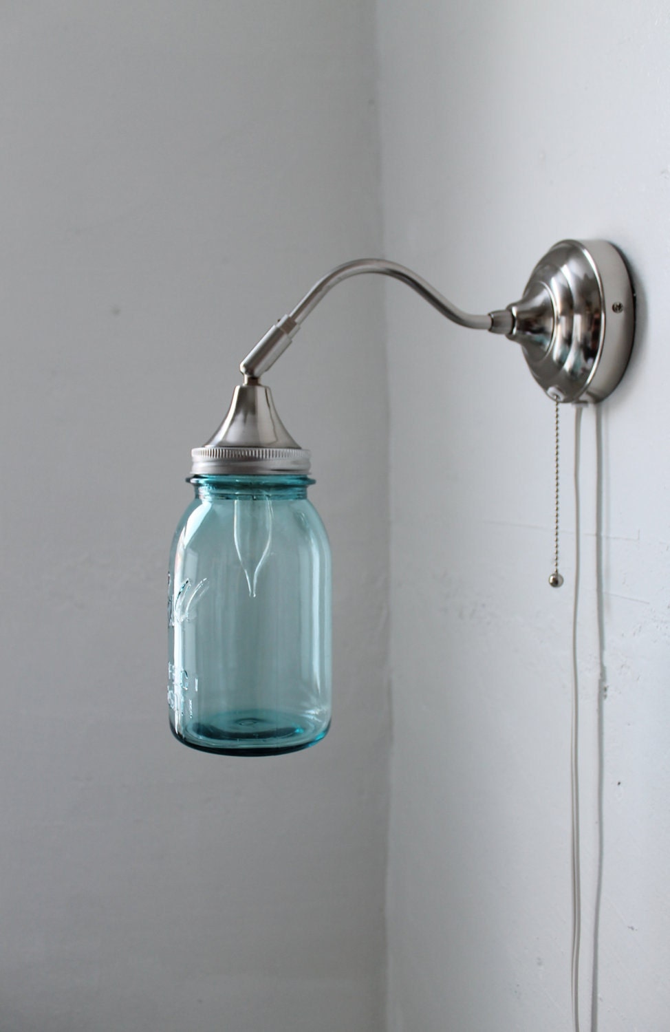 Sapphire Shine - Industrial Stainless Steel Gooseneck Wall Sconce - Quart Sized Ball Mason Jar Shade - UpCycled BootsNGus Lighting Fixture