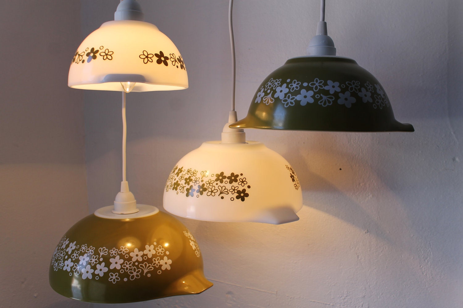 Spring Blossoms - Olive Green and White Milk Glass Mixing Bowl Hanging PYREX Pendants Lights - OOAK UpCycled BootsNGus Lighting Fixtures