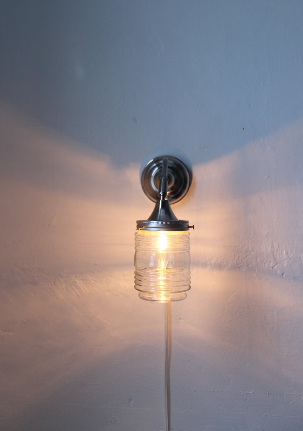City Lights -Industrial Stainless Steel Gooseneck Wall Sconce - Clear Glass Lamp Shade - UpCycled BootsNGus Lighting Fixture