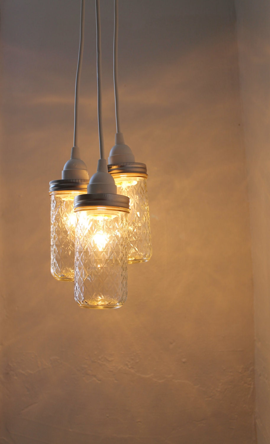 Canning Jar Chandelier - Quilted Diamonds Jelly Jars Hanging Pendant Chandelier Cluster Light - UpCycled BootsNGus Lighting Fixture