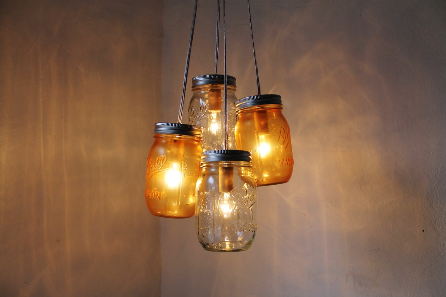 Tangerine Dream - Mason Jar Chandelier - 4 pint jars - Handcrafted Mason Jar Lighting Fixture - Upcycled BootsNGus Lamp - Direct Hardwire