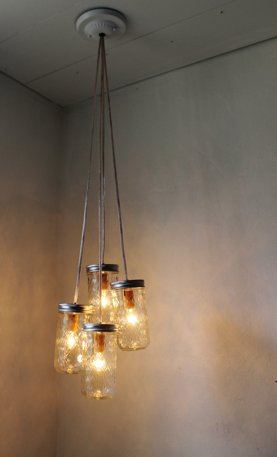 Firefly Dance Mason Jar Chandelier - 4 Quilted Pint Jars - Handcrafted Mason Jar Lighting Fixture - Upcycled BootsNGus Lamp Direct Hardwire