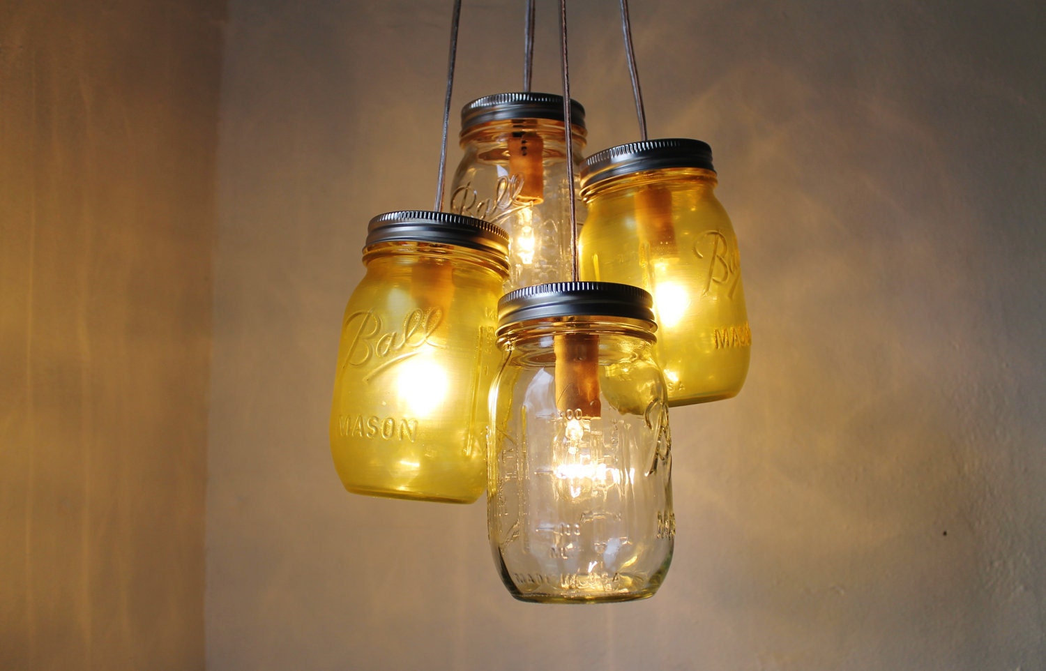 You Are My Sunshine - Mason Jar Chandelier - 4 Pint Jars - Handcrafted Mason Jar Lighting Fixture Upcycled BootsNGus Lamp - Direct Hardwire
