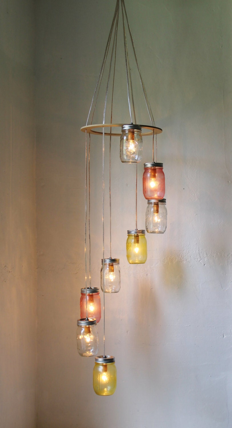 Pink Lemonade - Mason Jar Chandelier Hanging Light Fixture - Spiral Waterfall Rustic Mason Jar Wedding Lighting - BootsNGus Lamp Design