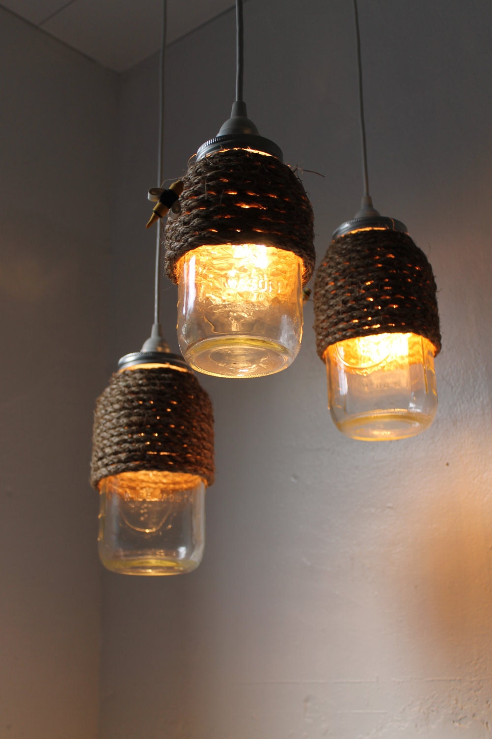 The Hive - Set of 3 - Half Gallon Quart Sized Mason Jar Pendant Lights - UpCycled Handcrafted BootsNGus Lighting Fixture Wrapped in Rope