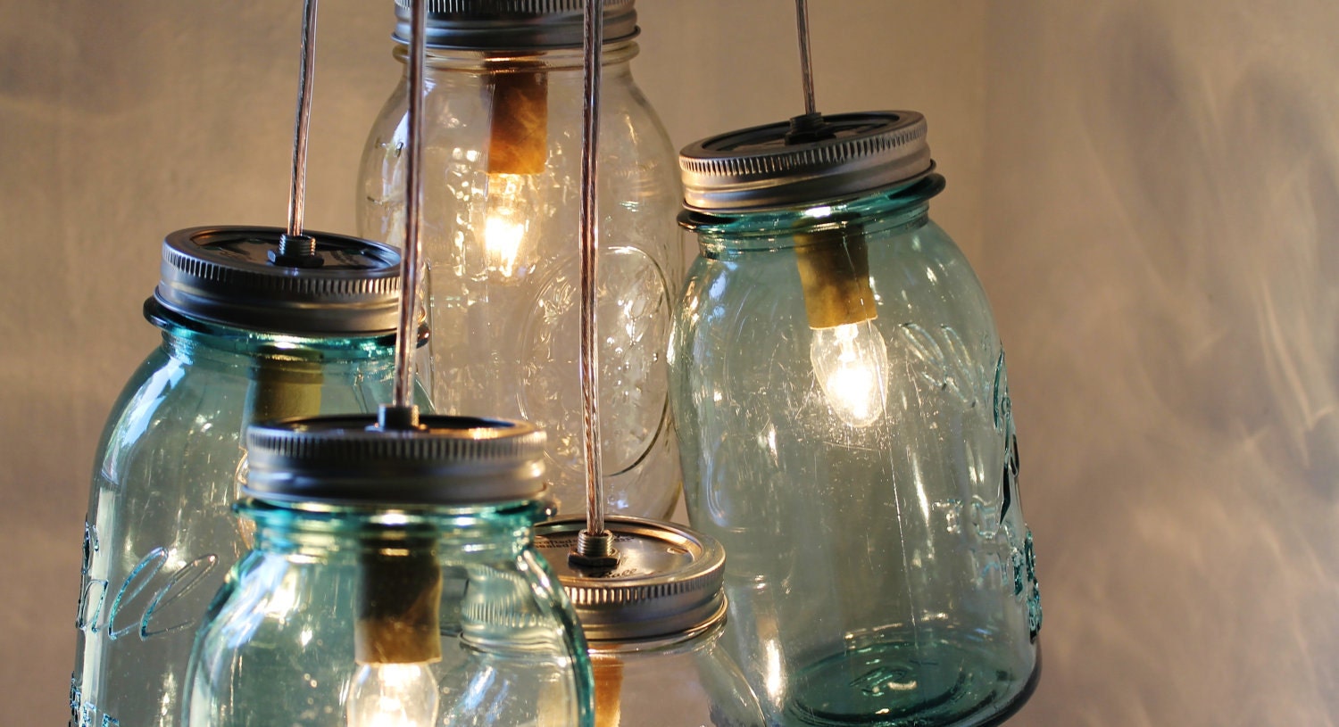 Lake House Mason Jar Chandelier - 5 antique blue and clear quarts - Brushed Nickel Ceiling Plate & Hardware for Direct Installation