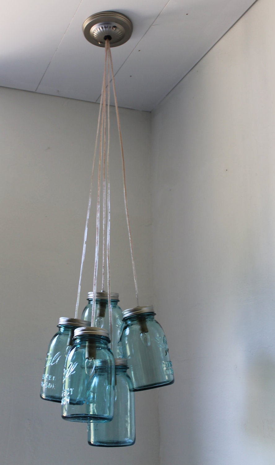 Summer Cottage BLUE Mason Jar Chandelier - 5 antique aqua BALL mason jars upcycled into a hanging pendant lighting fixture - BootsNGus Lamps