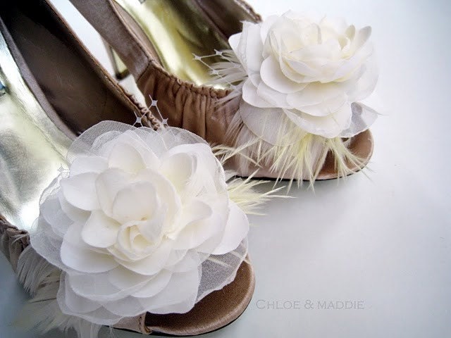 KANDACE Ivory gardenia flowers and feathers shoe clips, weddings, special occasions
