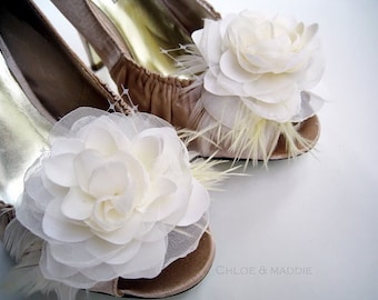 KANDACE Ivory gardenia flowers and feathers shoe clips, weddings, special occasions