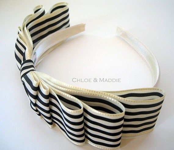 ZOEY Vintage black and ivory striped ribbon headband (Ready to Ship)