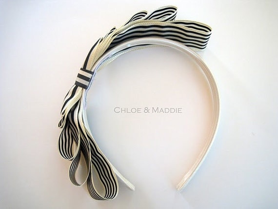 ZOEY Vintage black and ivory striped ribbon headband (Ready to Ship)
