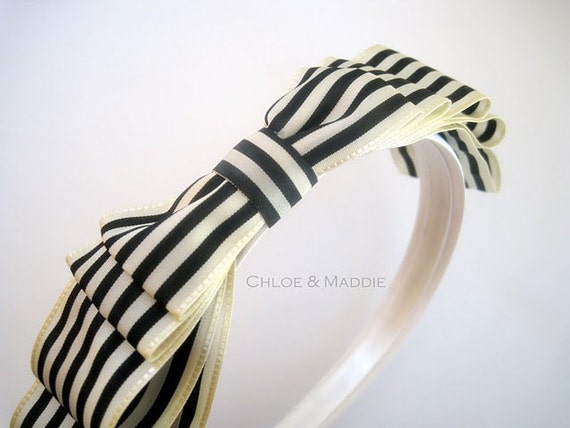 ZOEY Vintage black and ivory striped ribbon headband (Ready to Ship)