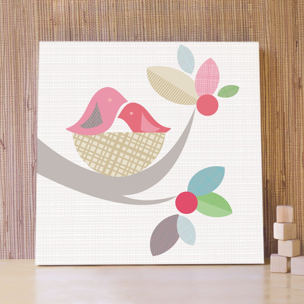 20x20 Nesting Birds - Birds art for nursery and children's room